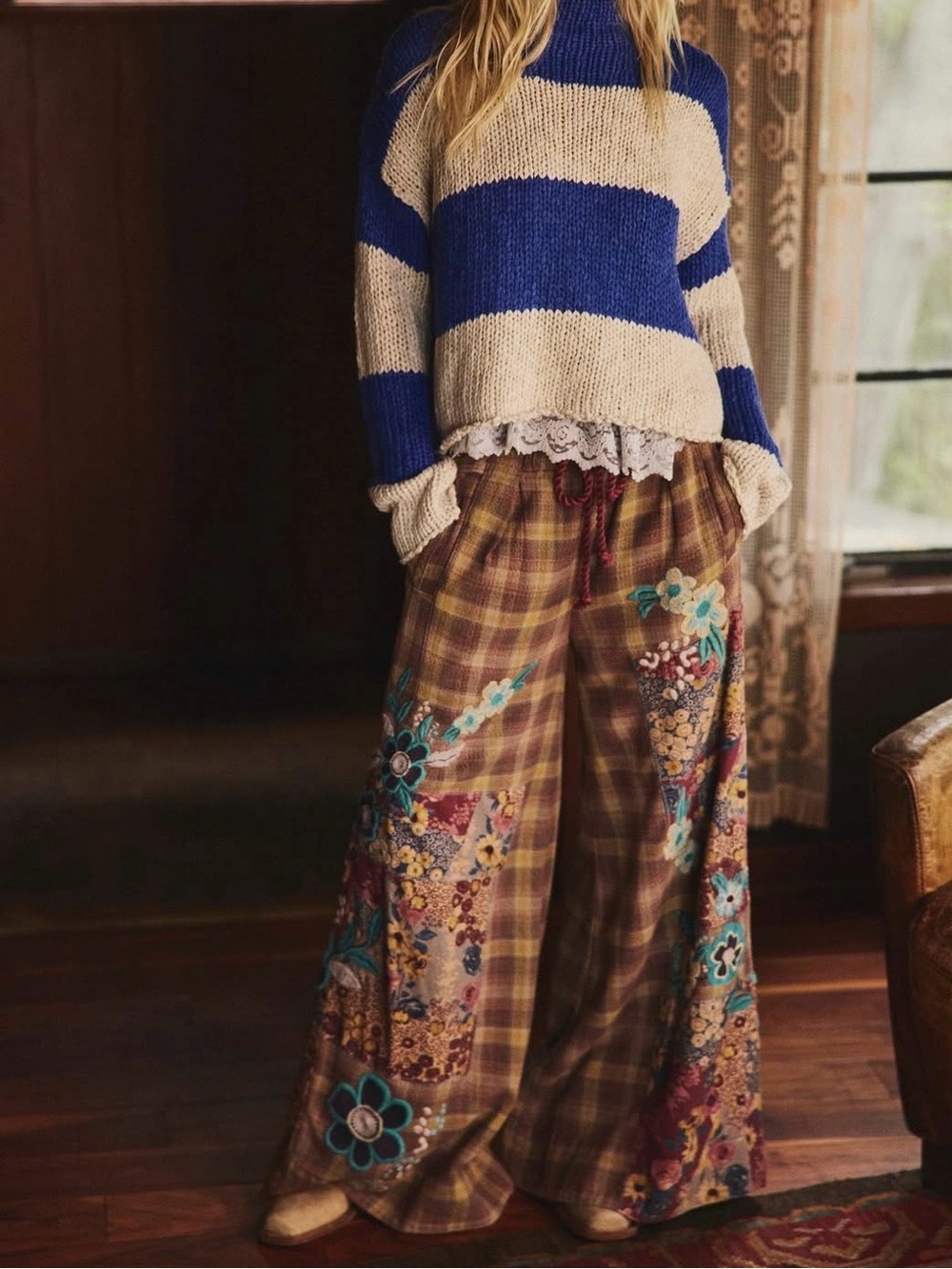 Free people brooks embroidered wide leg patchwork pants